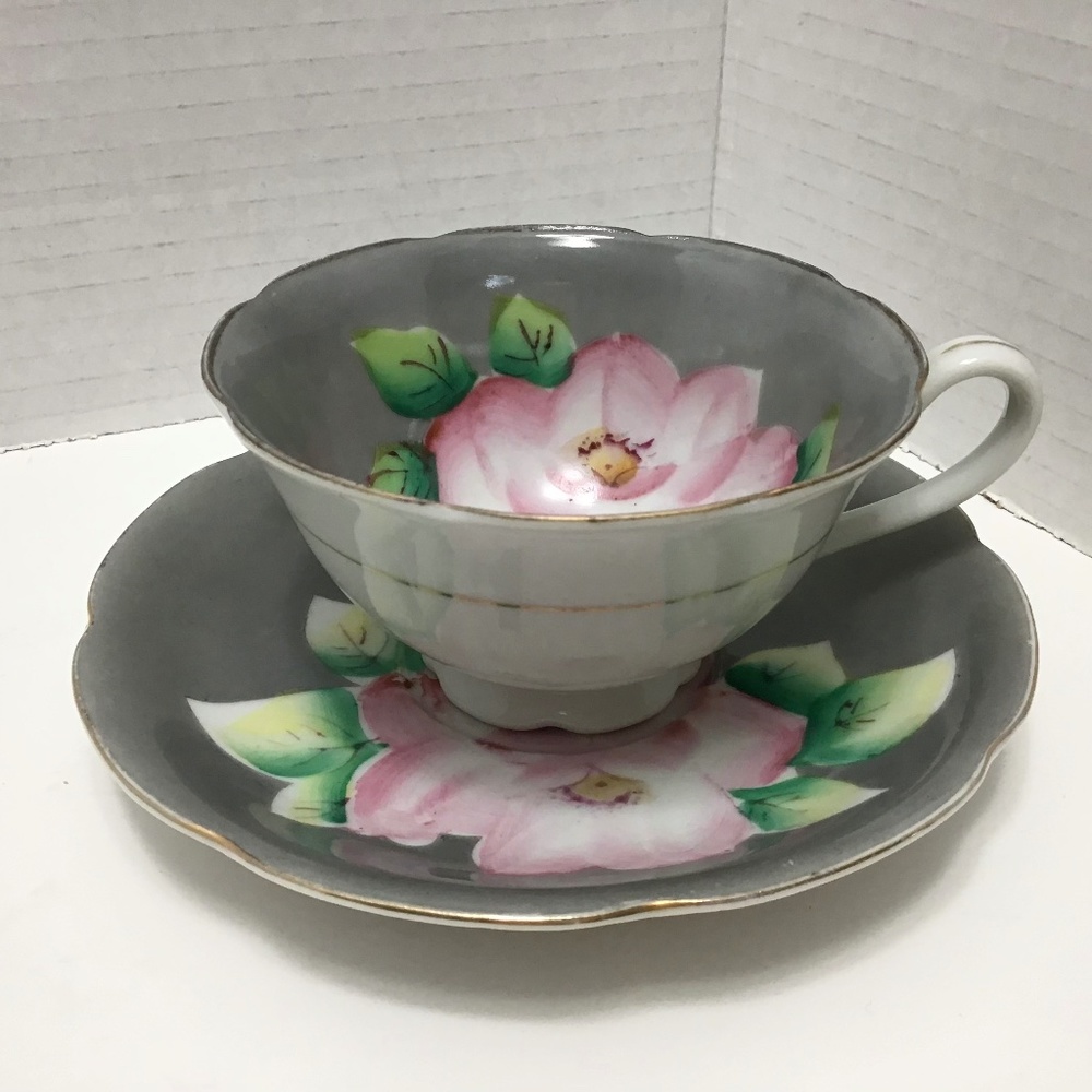 Vintage Shafford Japan Hand Painted Tea Cup & Saucer Gray Pink Lotus Flower
